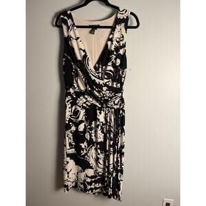 Lauren Ralph Lauren Dress Black White Floral Ruched Faux Wrap 12 Sleeveless
